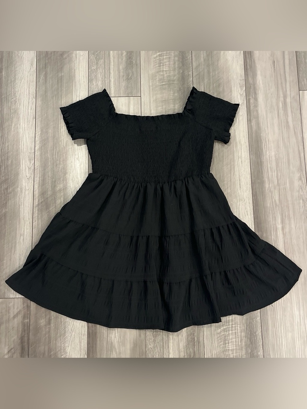 Women’s Black Smocked Bodice Tiered Mini Dress